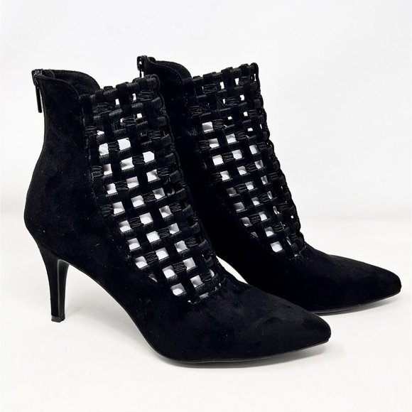 Impo Black‎ Faux Suede Stretch Ankle Boots Lattice Cutwork Zipper Back 3.5” Heel - Picture 2 of 11